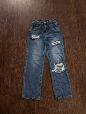 High-Waist Distressed Straight Leg Jeans - Blue
